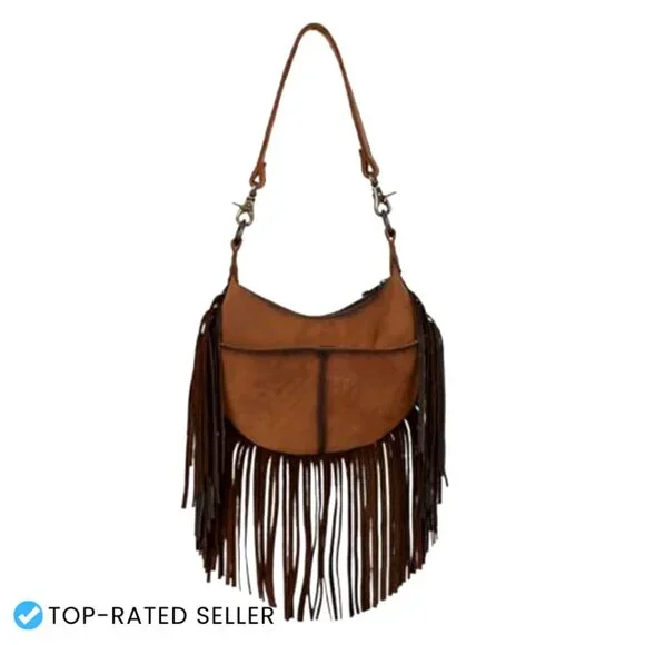Genuine Leather Hobo Handbag Western Fringe Top Handle Removable Strap Chic